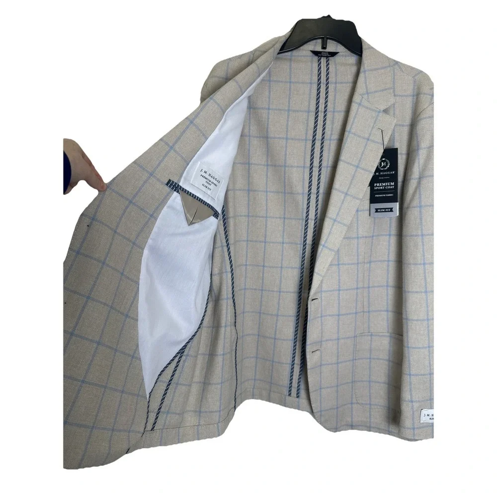 J. M. Haggar Slim‎ Fit Blue/Tan Linen Windowpane Blazer Sport Coat Men's 46R NWT